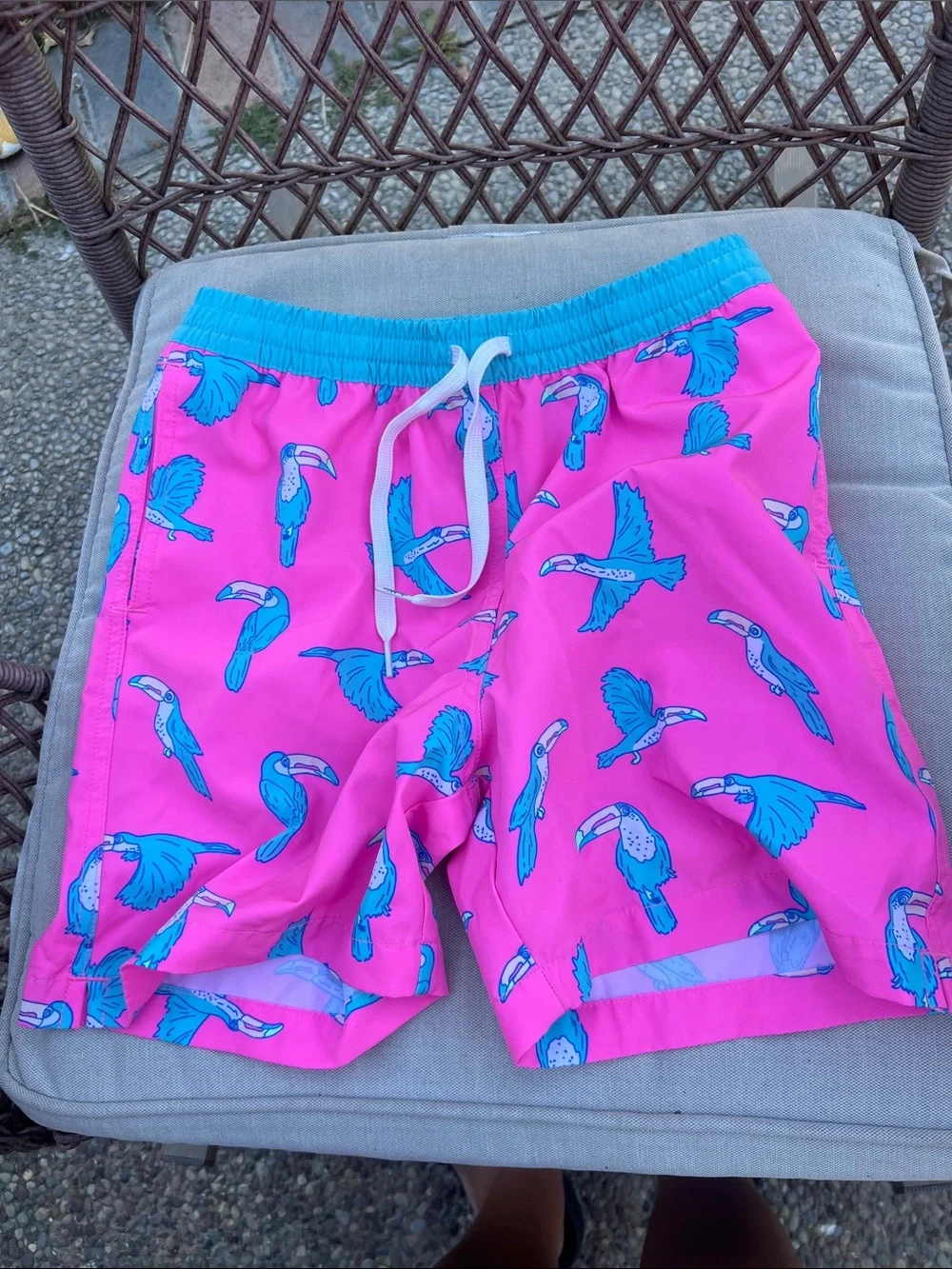 Young boys Pink Swim Trunks with Blue Toucan Print
